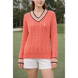 VTG Izod Women's Cable Knit Sweater S Coral Golf Logo V-Neck Striped Trim